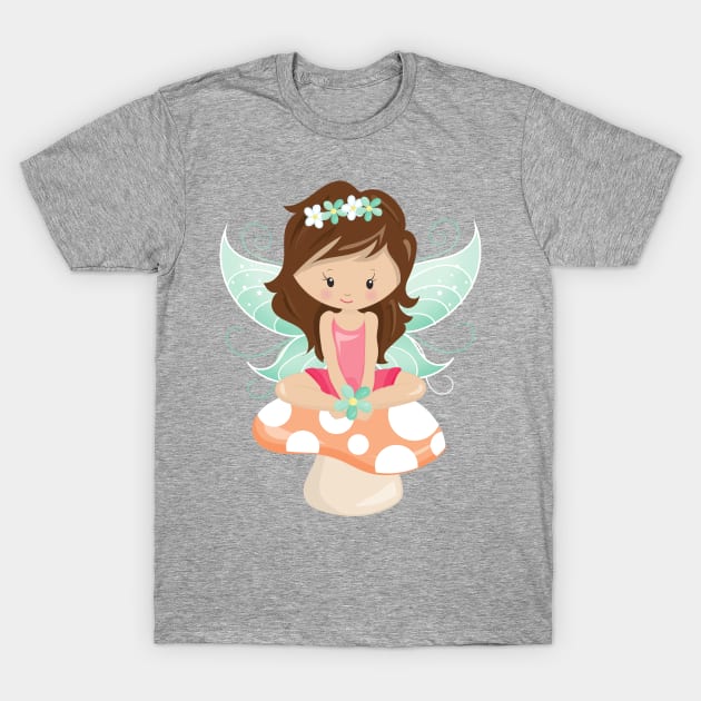 Forest Fairy, Cute Fairy, Brown Hair, Mushroom T-Shirt by Jelena Dunčević